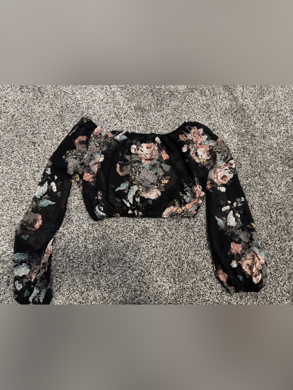 Floral Off-Shoulder Long Sleeve Crop Top in Black and Blush